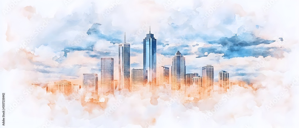 Poster captivating abstract watercolor painting of the atlanta skyline featuring a striking red color palet