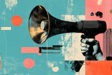 Hand holding megaphone promoting communication and announcement