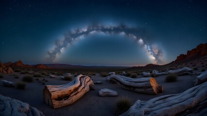 Panoramic Milky Way arches over a desolate desert landscape with petrified wood under starry night.
