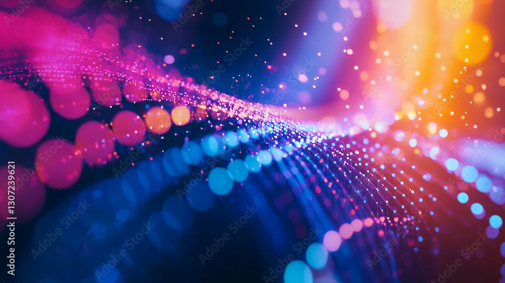 Poster abstract colorful background with glowing particles and bokeh lights digital art design vibrant neon