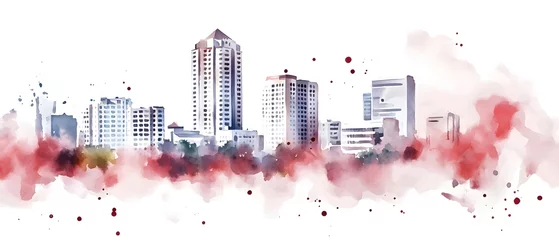 Papier peint photo intissé A captivating and modern watercolor cityscape featuring a bold and expressive visual style with rich red tones splattered paint effects and a stylized downtown skyline
