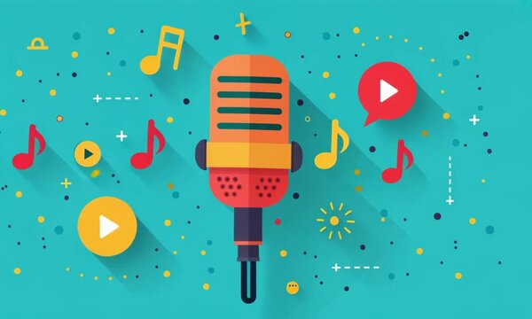 Colorful illustrated microphone with musical notes, play buttons and blue-green background.
