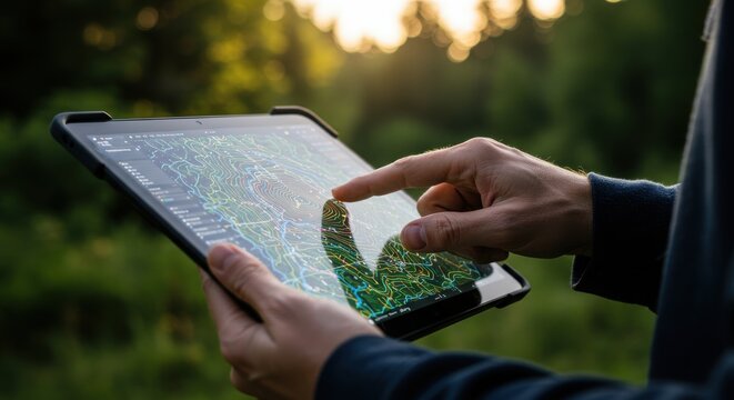 Person using a tablet to navigate a detailed map in a lush outdoor setting