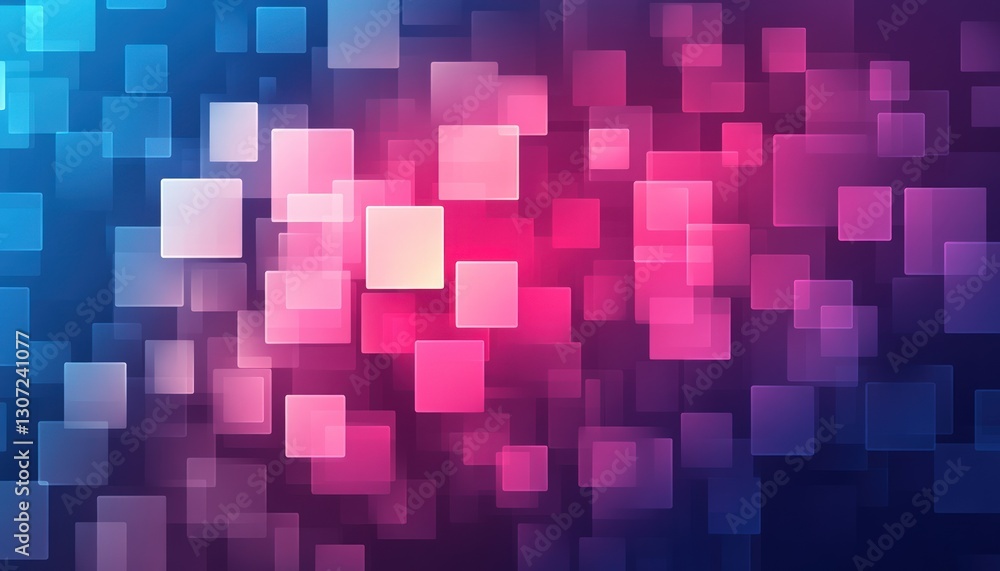 Poster abstract digital background with a gradient of blue and pink light. square shapes are scattered crea