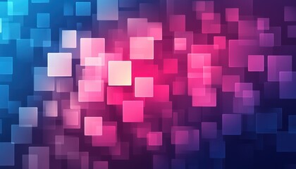 Abstract digital background with a gradient of blue and pink light. Square shapes are scattered creating a modern digital design