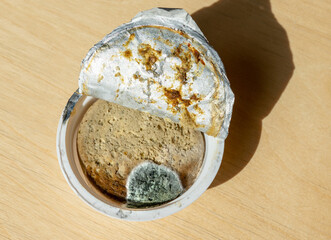 Close-up of spoiled pate with visible mold inside an opened plastic container. Food spoilage, expiration, and contamination concept, with bacterial growth and mold spots