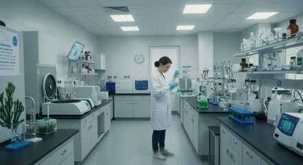 Scientist conducting research in a modern laboratory with equipment and samples