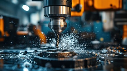 Close-up of CNC machine drilling metal with coolant spray.