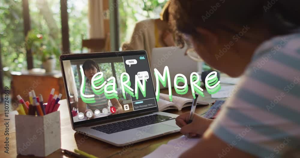 Poster child studying with learn more text animation over video call on laptop