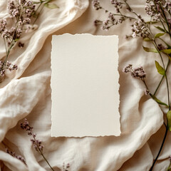 Blank paper mockup with dried flowers on linen, perfect for branding. ai generated