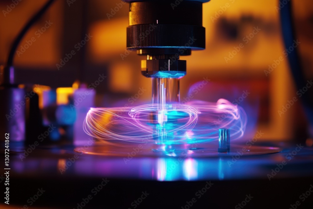 Poster experimenting with colorful light patterns using advanced optical equipment in a laboratory