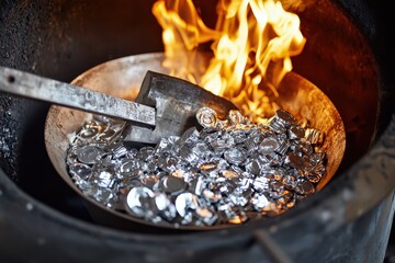 A metallic mixture is being heated in a bowl over a fire, showcasing the process of melting and refining metals.