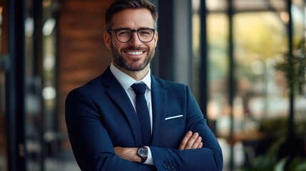 Fototapeta premium Confident Businessman Wearing Glasses Posing With Arms Crossed And Smiling