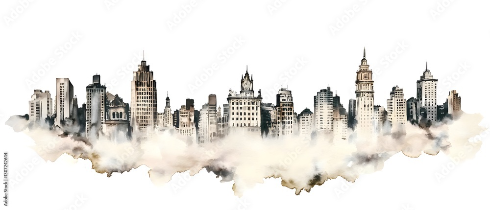 Poster minimalist black and white watercolor of a cityscape featuring a panoramic view of the skyline with 