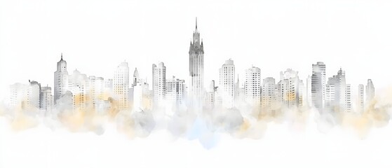 Naklejka premium Minimalist Black and White Watercolor Cityscape Showcasing a City s Historic and Modern Buildings with Elegant Brushstrokes Creating a Stylish Digital Design