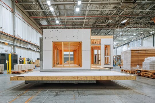 A modern modular building unit displayed in a spacious warehouse, showcasing its wooden frame and concrete structure, ready for assembly or transport.