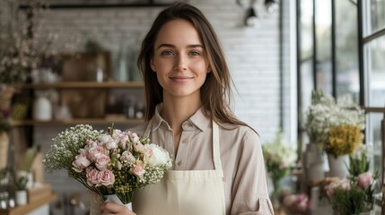 Fototapeta premium Young caucasian female florist smiling with bouquet in flower shop.