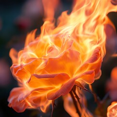 Burning rose flower with flames and fire surrounding the plant, fiery red and orange hues, glowing petals, captivating and intense visual