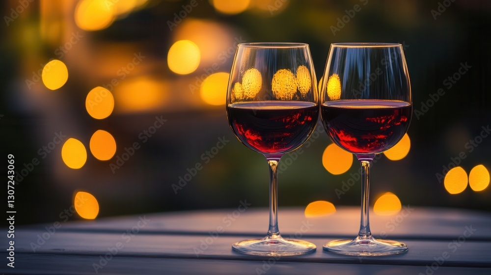 Poster wine glasses filled with red beverage on a table illuminated by festive lights during an evening gat