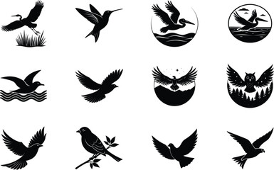 Silhouette Bird Collection Flight, Nature, Wildlife, Icons, Art
