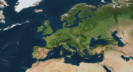Detailed satellite view of Europe showcasing diverse landscapes and geographical features