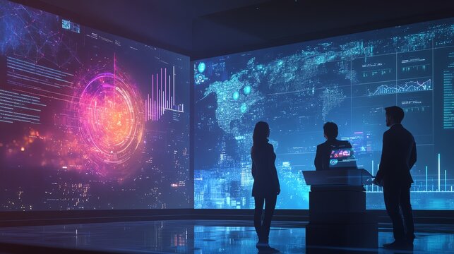 Business team analyzing digital data visualization