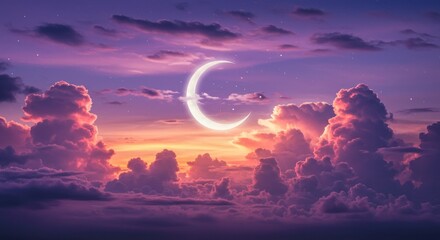 Serene twilight sky with crescent moon and vibrant clouds at sunset