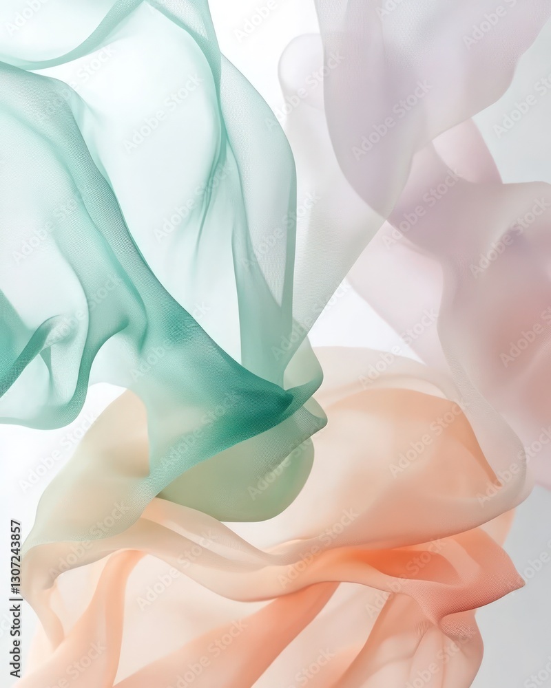 Poster floating translucent fabric in shades of pastel colors creating a soft abstract composition on a whi