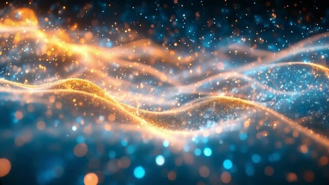 A vibrant and dynamic scene featuring a wave of light with a mix of blue and orange hues. The light is accompanied by a multitude of sparkling particles, creating a mesmerizing and ethereal atmosphere