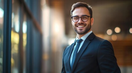 Fototapeta premium Smiling businessman wearing glasses in professional attire posing indoors