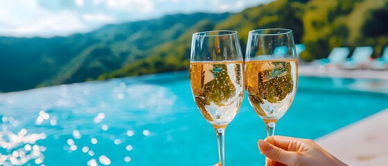 Summer party celebration by the sea toasting friends at a luxurious destination with a poolside view