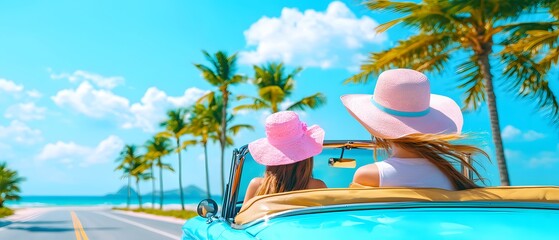 Summer road trip adventure with friends destination sand and sea vintage car coastal paradise joyful spirit