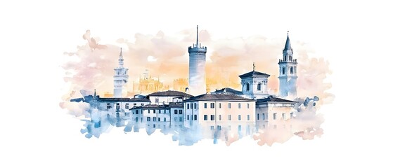A refined and sophisticated watercolor painting showcasing the captivating skyline of Milan Italy featuring a blend of historic and contemporary architectural elements