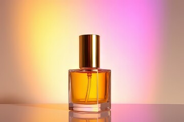 Naklejka premium Elegant Amber Perfume Bottle Against Vibrant Backgrounds