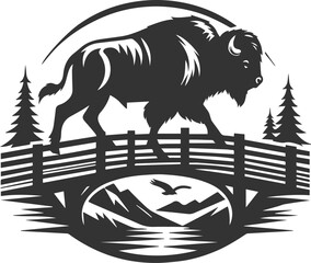 Obraz premium Buffalo walking across a wooden bridge animal vector silhouette