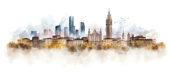 Obraz premium Expressive Watercolor Painting of Milan s Iconic Cityscape with Historic Landmarks and Modern Skyscrapers