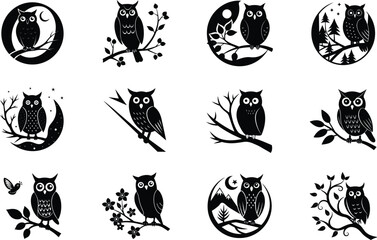 Twelve Adorable Owl Illustrations Night, Branches, Moon, Nature