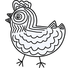A black and white digital line drawing of a stylized chicken with intricate patterns.