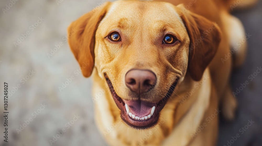 Poster happy golden retriever sits and smiles in a sunny outdoor setting with a light background during the