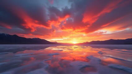 Dramatic sunset over a reflective salt lake with snow-capped mountains in the distance, creating a serene landscape