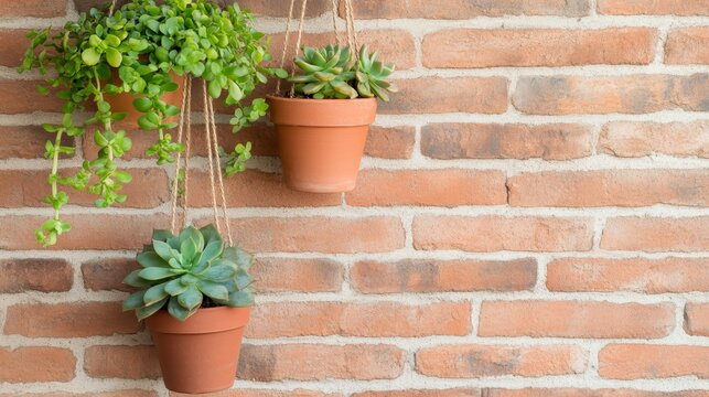 Hanging succulent plants in terracotta pots against a rustic brick wall, creating a cozy atmosphere