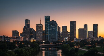 Sunset over Houston skyline with reflective river and urban park ambiance