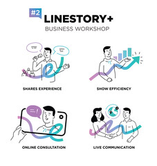Set of illustrations people are holding a workshop. Workflow, growth, graphics. Business development, milestones, start-up. linear illustration Icons infographics. Landing page site print poster. Line