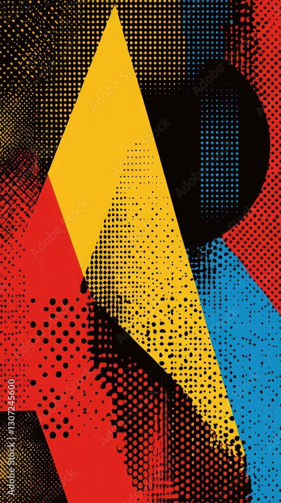 Poster abstract geometric shapes in vibrant colors with halftone textures create a dynamic visual experienc