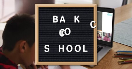 Animation of BACK TO SCHOOL on letter board, children on video call at home - Powered by Adobe