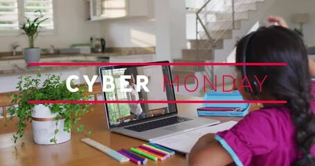 Watching animation on laptop, child in school setup during Cyber Monday - Powered by Adobe