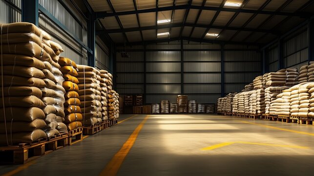 Industrial warehouse storage filled with large bags of rice stacked on wooden pallets in an organized manner. High-quality storage facility with bulk food supplies, distribution logistics, and efficie