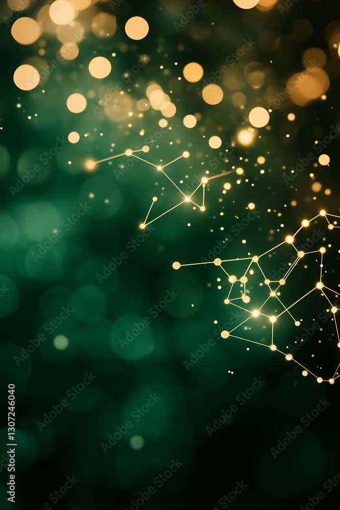 Aufkleber abstract geometric network with glittering bokeh on emerald backdrop