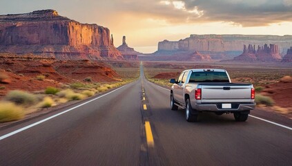 A silver pickup truck drives along a long road through a vast desert landscape. Towering red rock...