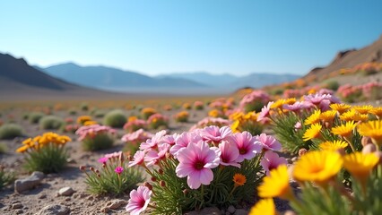 Fototapeta premium Desert landscape featuring wildflowers, pink and yellow blooms, mountains, and a serene blue sky.